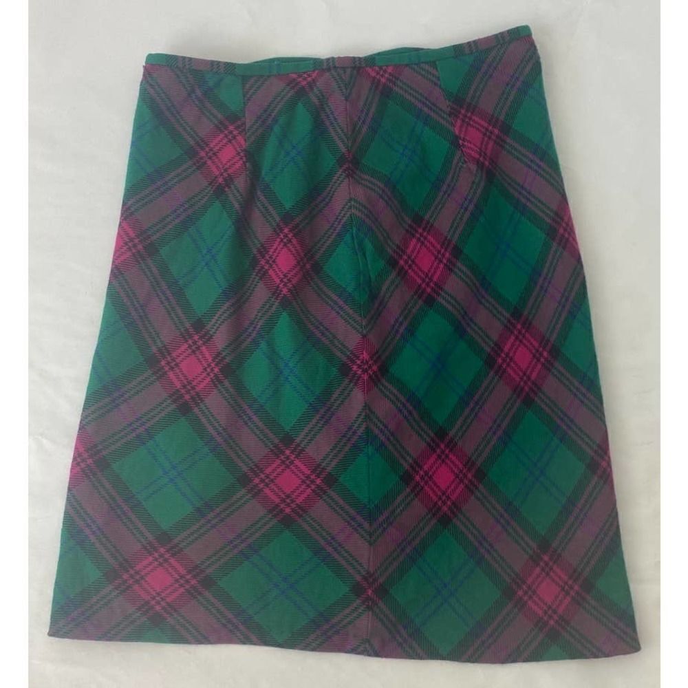 Vintage Jones New York Plaid Skirt Pink Green 100% Wool - Size 14